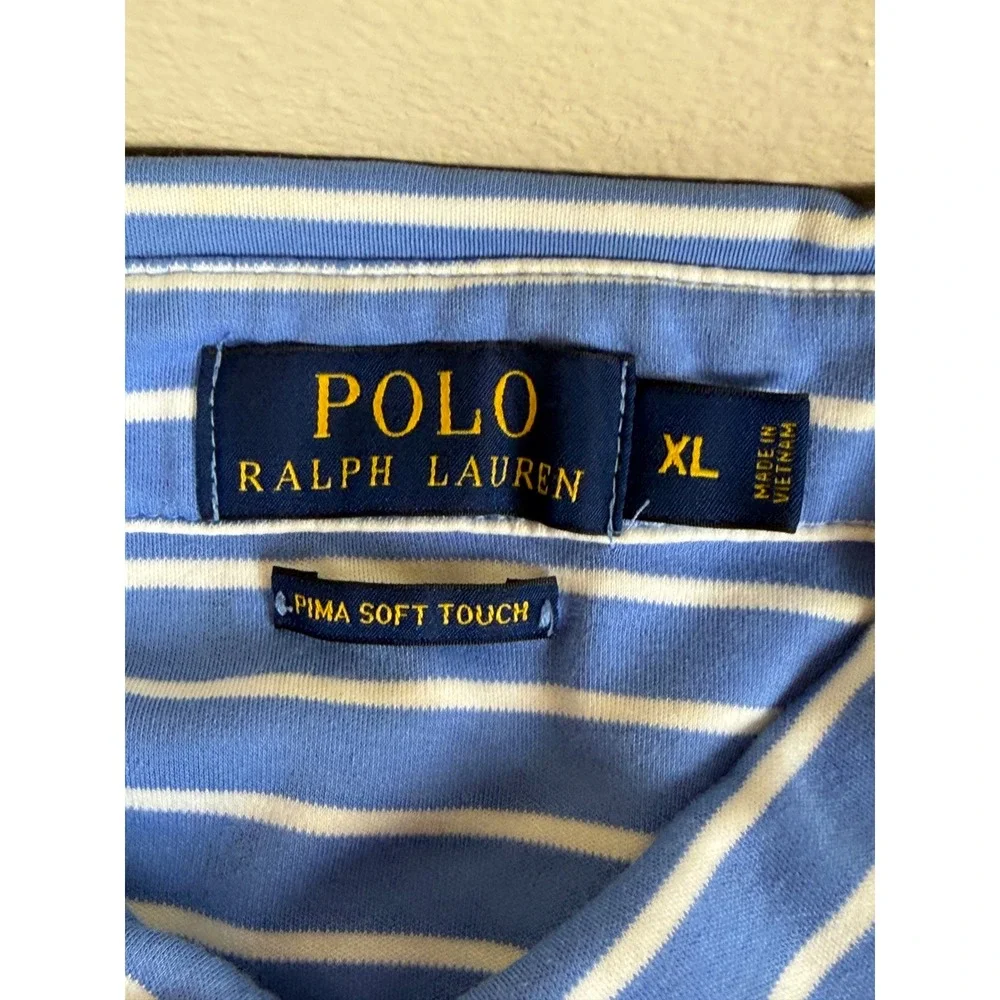 Polo Ralph Lauren Mens XL Blue White Striped Pima‎ Soft Touch Polo Orange Pony